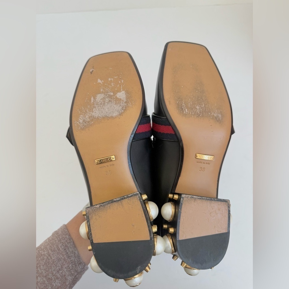Gucci Black leather GG Web Pearl embellished Peyton loafers block heel EU 38 - Picture 6 of 11